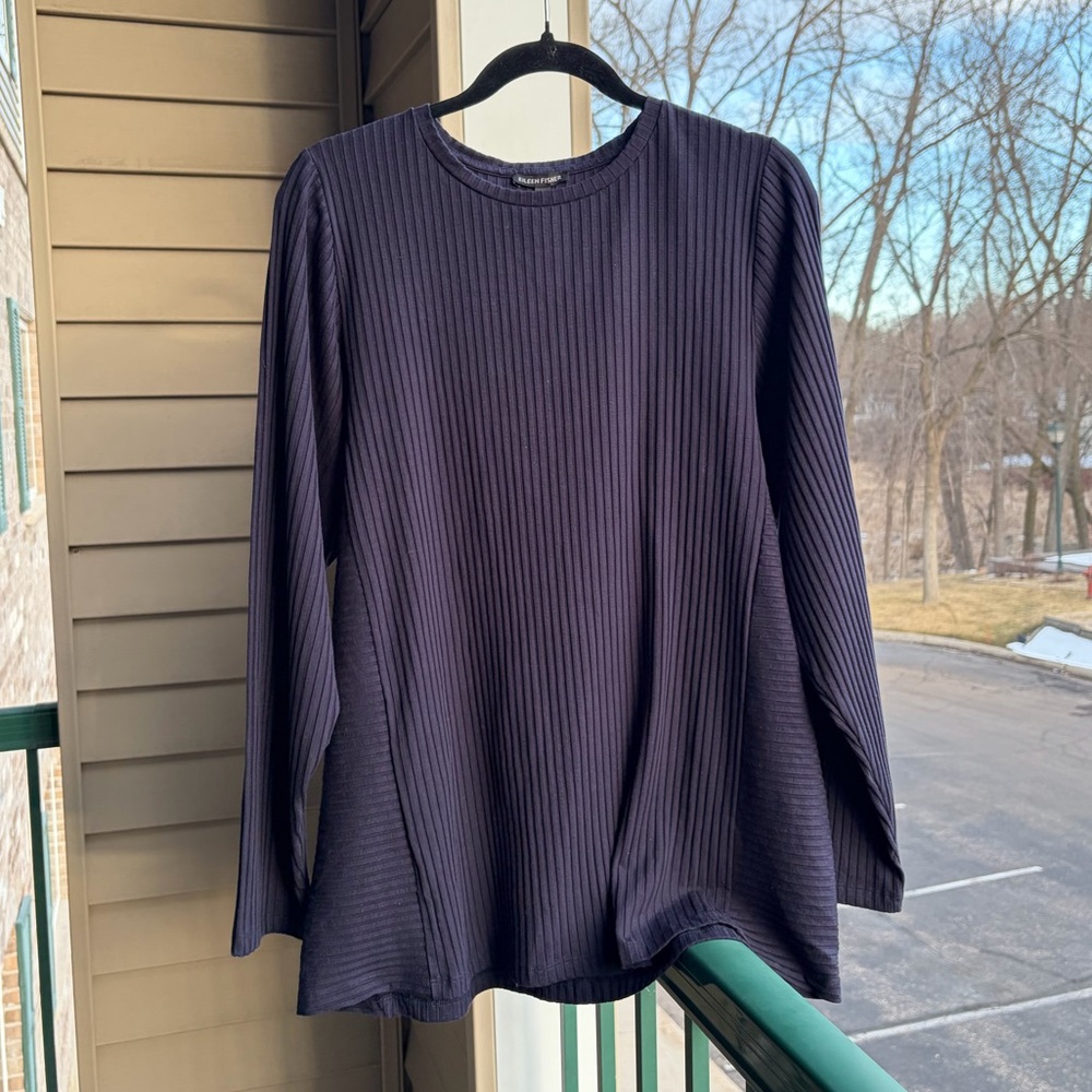 🆕 Eileen Fisher Ribbed Top Size M Dark Navy Stretch Minimalist Chic Office Work - Picture 4 of 16